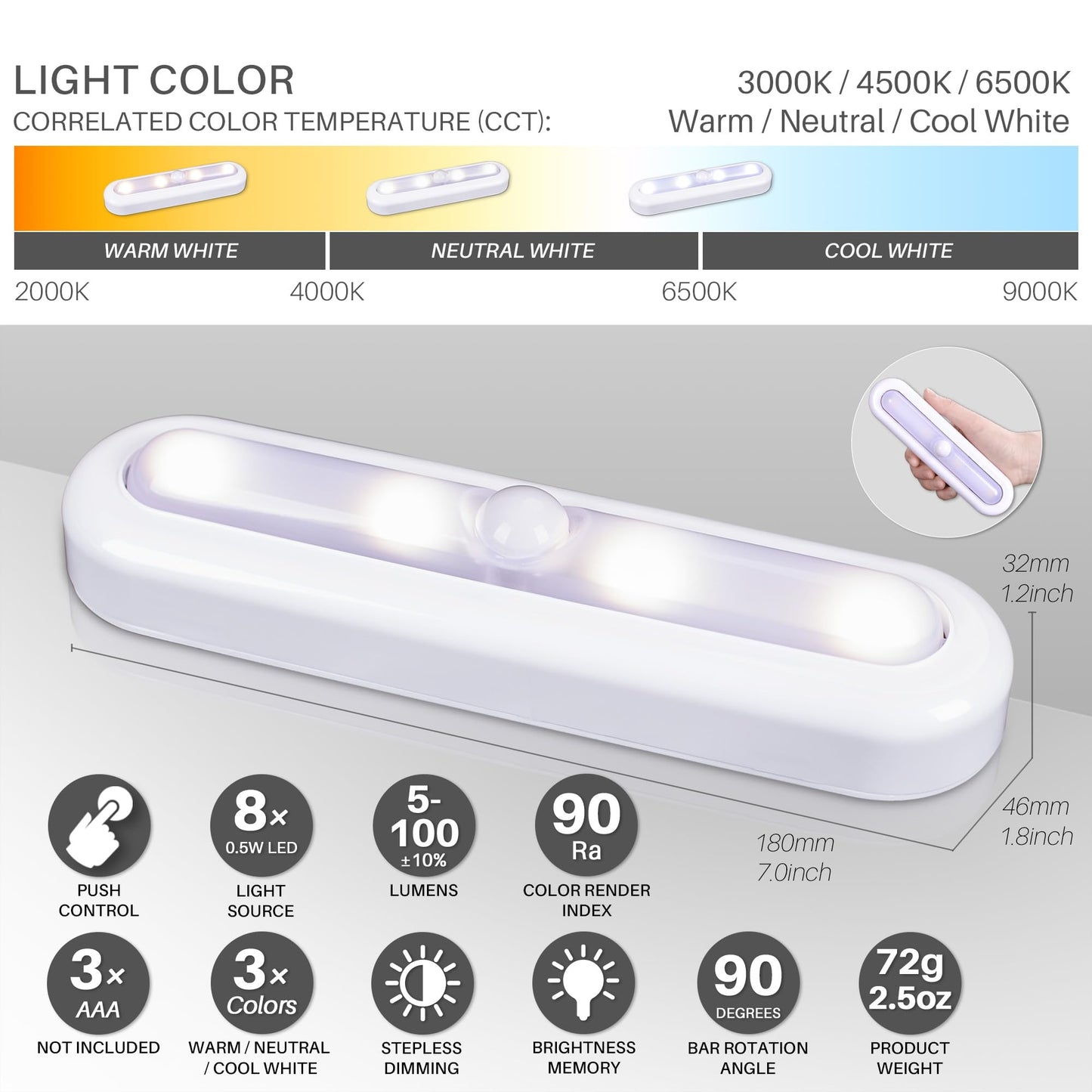 Star-Spangled 3 Pack 7  Dimmable Push Tap Lights  Stick On Led Touch Lights Aaa Battery Operated For Kitchen  Closet  Under Cabinet  3 Color Modes