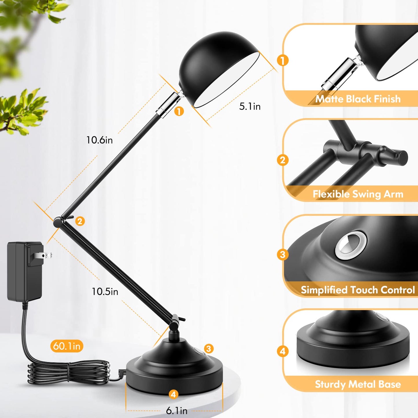 TOBUSA Touch Control LED Desk Lamp, Adjustable Swing Arm, Dimmable, 3000K/4000K/5000K, Black, Model T0345 BK