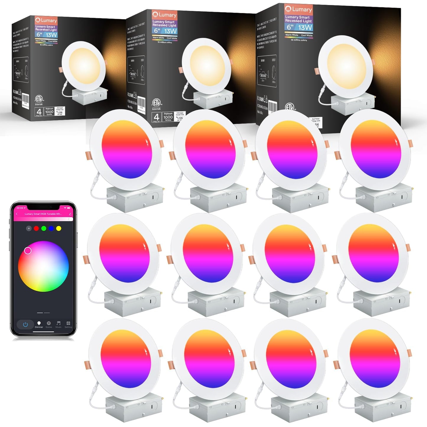 Lumary 6 Inch Ultra-Thin Smart Recessed Lighting  13W 1000Lm Rgbww Smart Wafer Lights With Junction Box  Compatible With Alexa/Google Assistant/Bt Remote  Etl Listed  12 Pack