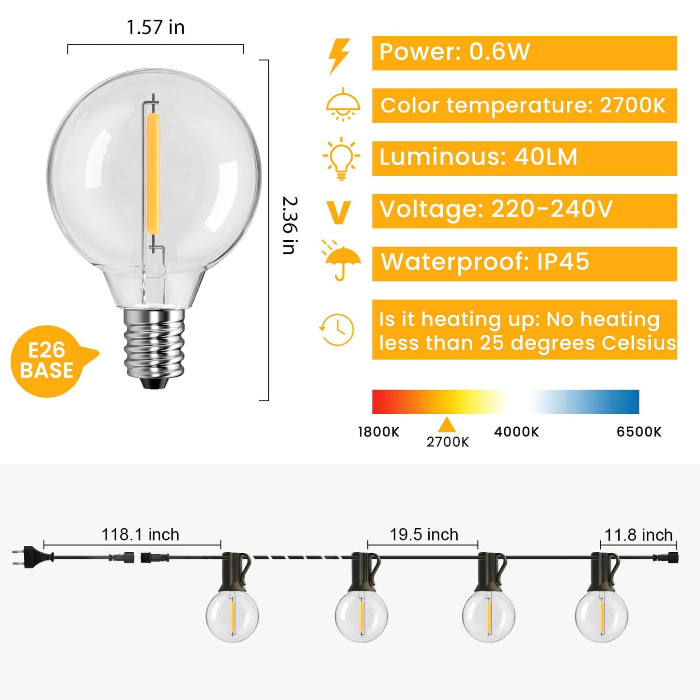 GLOBELIT Outdoor String Lights, 50FT, 25+1 G40 Bulbs, IP45 Waterproof, 2700K Warm White, Black, Mains Powered, Model G-US