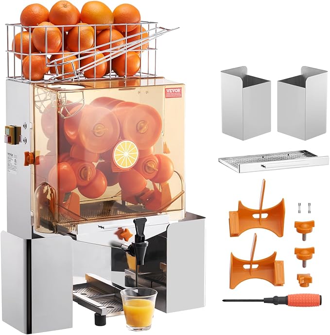 VEVOR Commercial Orange Juicer Machine, 120W Automatic Juice Extractor with Water Tap, Stainless Steel Orange Squeezer 20 Oranges/Minute, with Pull-Out Filter Box, PC Cover, 2 Peel Collecting Buckets