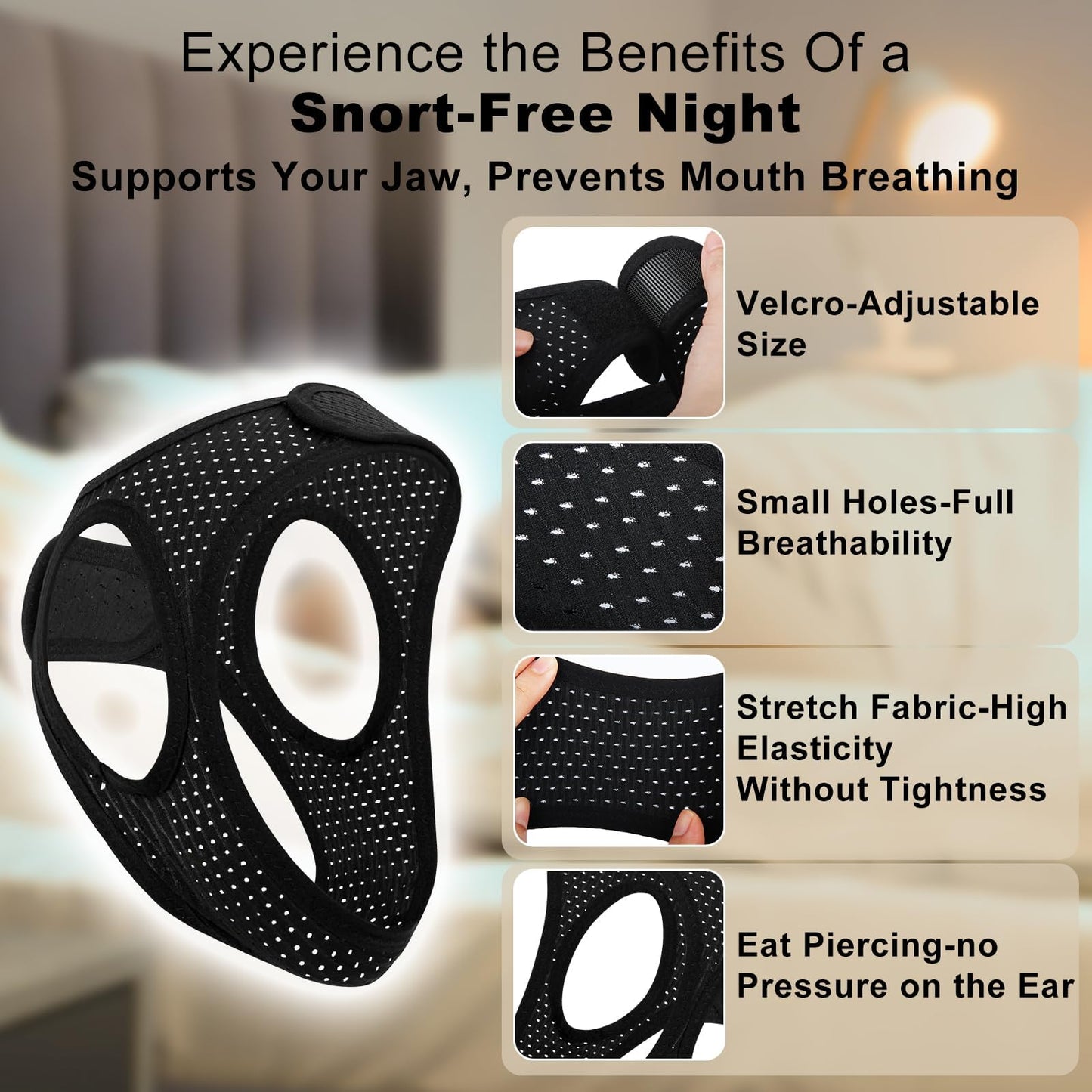 Sleep Apnea Devices - Chin Strap for Sleeping, Airflow Jaw Strap, Effective Anti Snoring Solution for Men and Women, Anti Snore Devices Breathable and Reusable (Black & 52CM & 1PCS）