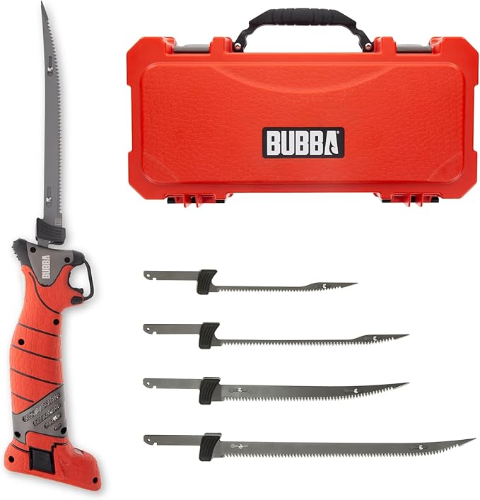 Bubba Pro Series Lithium-Ion Electric Fillet Knife with Non-Slip Grip Handle, 4 Ti-Nitride S.S. Coated Non-Stick Reciprocating Blades, Charger and Case for Fishing