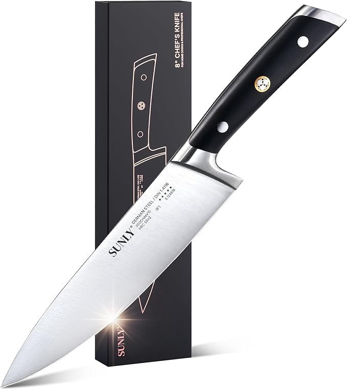 SUNLY 8 Inch Chef Knife – Full-Tang Professional Kitchen Knife, German DIN 1.4116 Stainless Steel, 58±2 HRC Hardness, Triple-Honed Blade, Anti-Slip Handle, Premium Box for Christmas Gifts