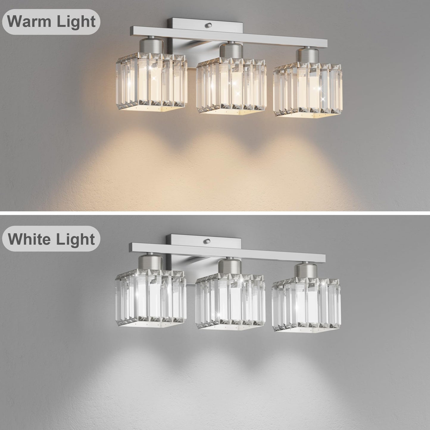 Golspark 3 Light Crystal Bathroom Vanity Light Fixtures Over Mirror  Brushed Nickel Modern Vanity Lighting Fixtures  Wall Sconce Bath Wall Light  E26 Base Square Crystal Shades (Exclude Bulb)