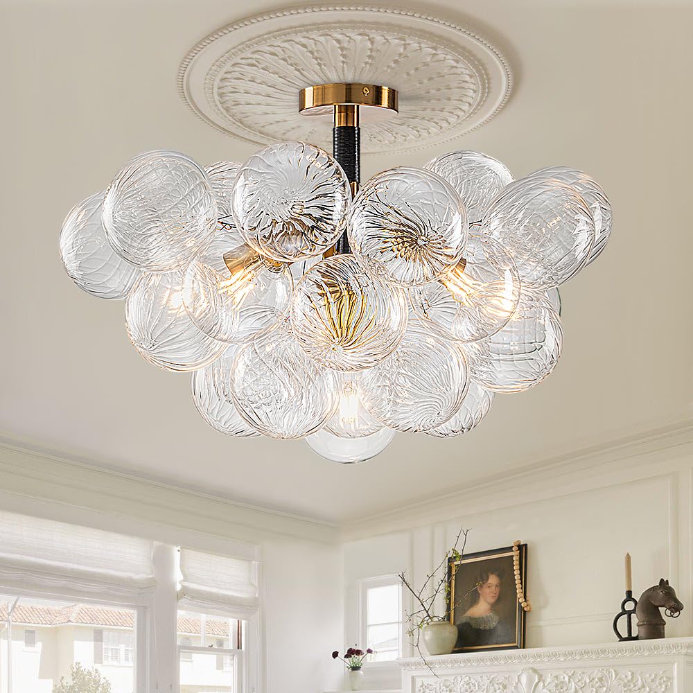 YIHANTLZ Bubble Ball Chandelier, 24in Modern Hand Blown Glass Ceiling Light, Black, Model LR1595BG-6TOU