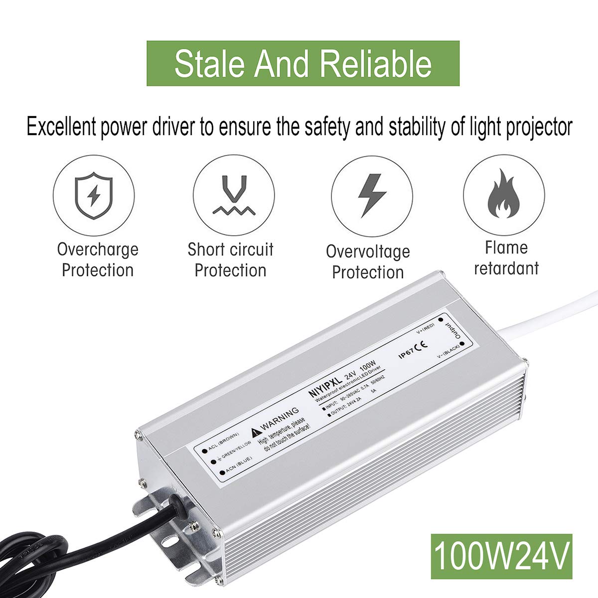 NIYIPXL LED Driver 100 Watts 24V DC Waterproof Power Supply, Silver, 3-Prong Plug, 3.3 Feet Cable, Model f275f988-672d-