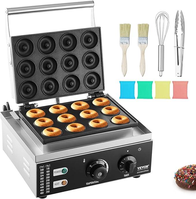 VEVOR Electric Donut Maker, 1550W Commercial Doughnut Machine with Non-stick Surface, 12 Hole Double-Sided Heating Waffle Machine Makes 12 Doughnuts, Temperature 122-572℉, for Restaurant & Home Use