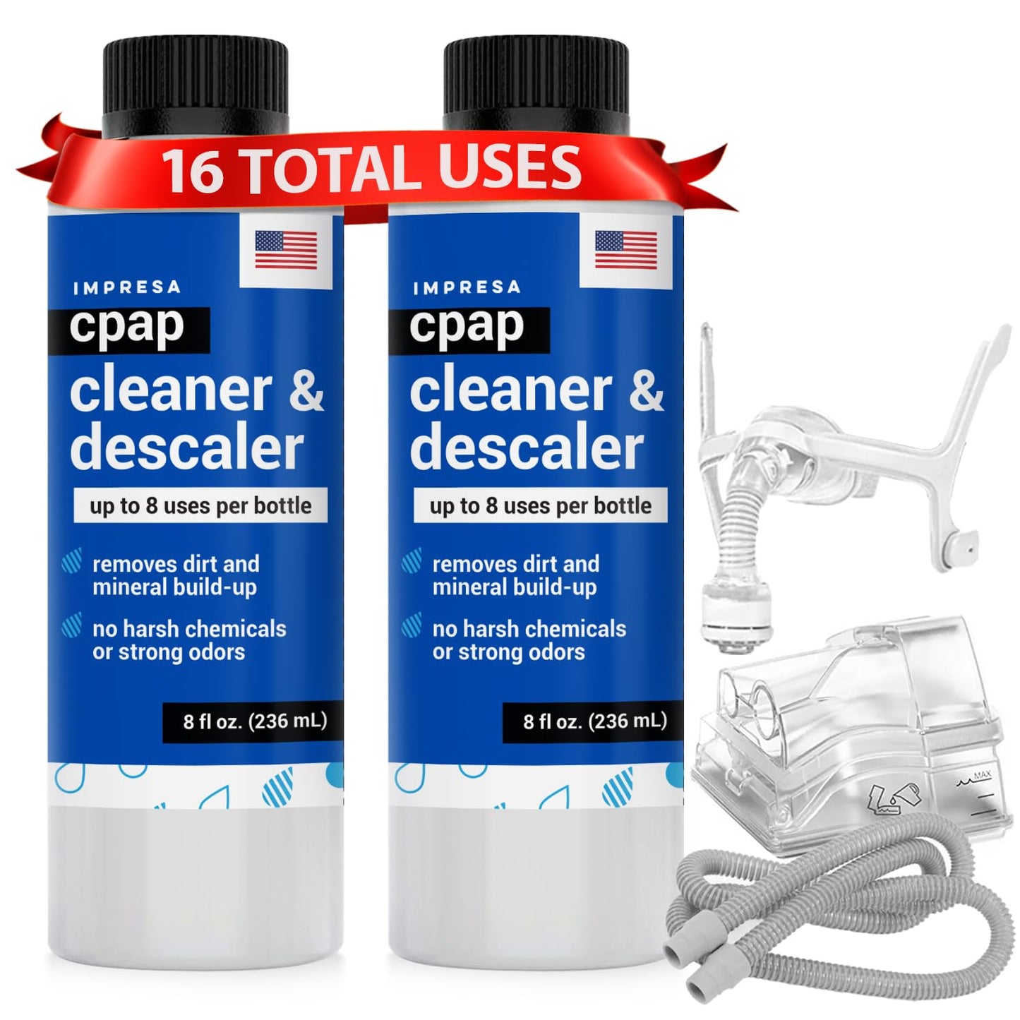 IMPRESA CPAP Cleaning Solution - 2-Pack, 8 Fl Oz Bottles - Residue-Free Citric Acid Descaler - Safe Plastic Component & Sleep System Cleaner - Travel-Friendly Pack