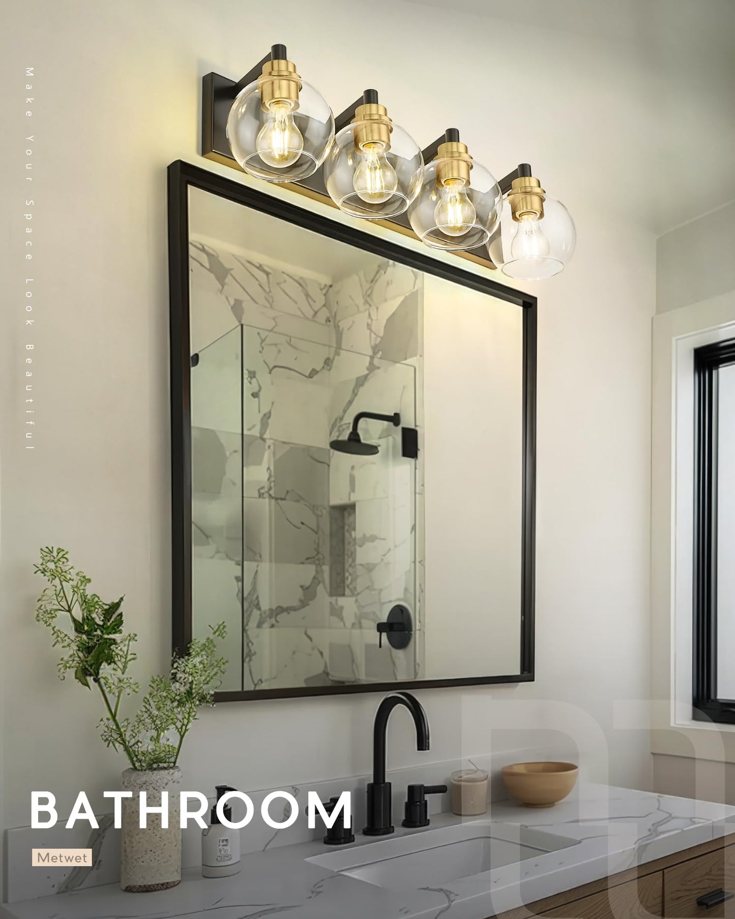 Metwet Bathroom Light Fixtures  4-Light Black And Gold Bathroom Vanity Light  26 Inch Modern Wall Sconces With Globe Clear Glass Shade  Vanity Lighting Fixtures Over Mirror  Vl195-Kg-4