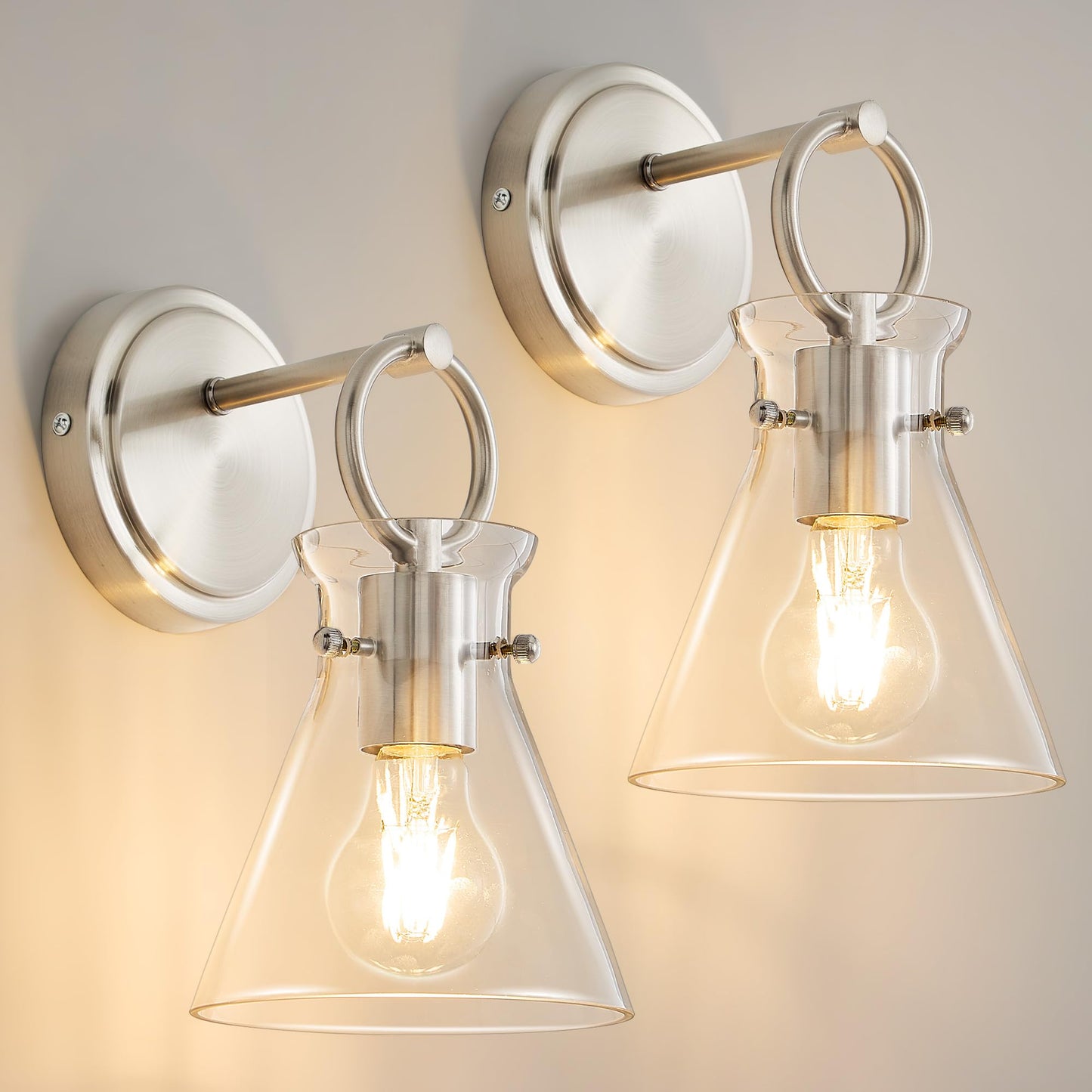 Gednbo Wall Sconces 2 Pack Modern Vanity Light Fixtures For Bathroom Nickel Wall Mount Lighting Lamp Hardwired Farmhouse Wall Lights With 6 Inch Clear Glass Shade For Bedroom Living Room Mirror