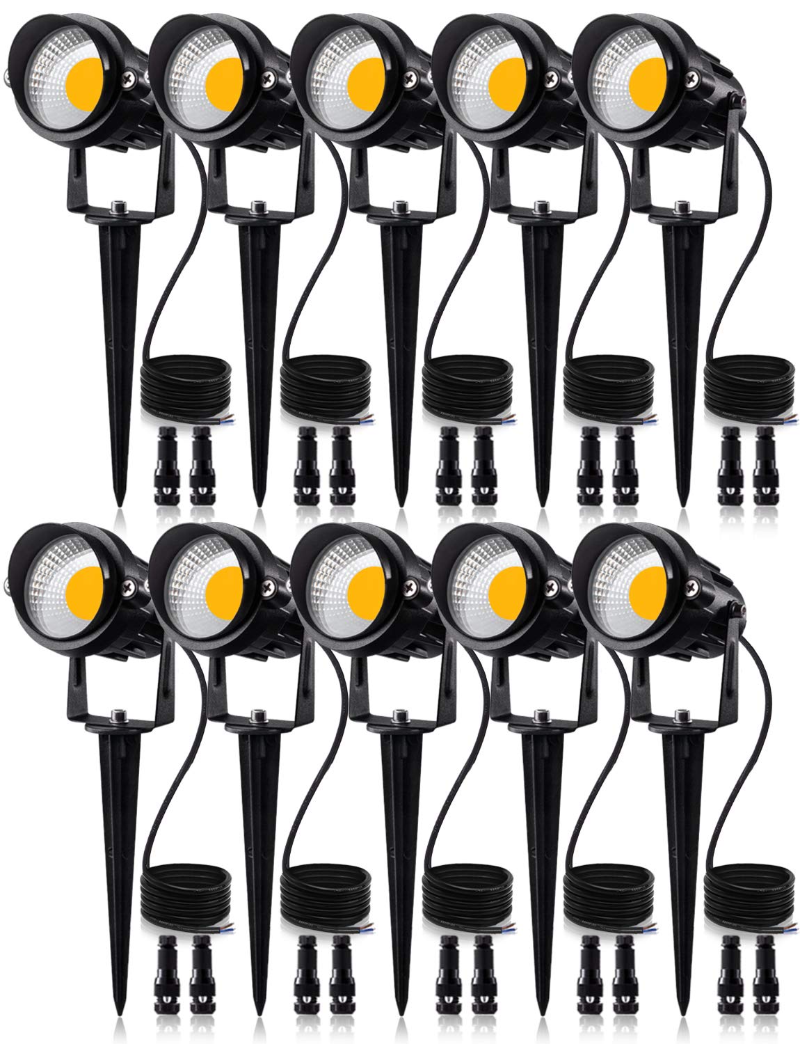SUNVIE Low Voltage LED Landscape Lights, 12W, 900LM, Waterproof, 10 Pack with Connector, Black/Clear, Model 767087224803