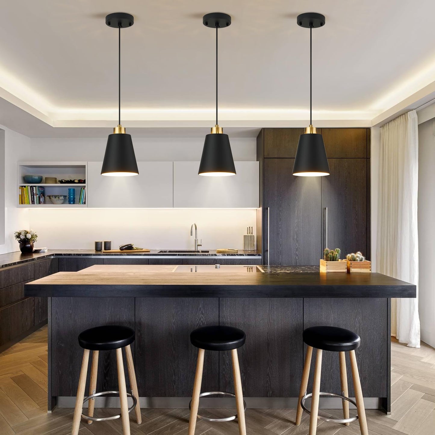 Lamknvs 3-Pack Matte Black Pendant Lights Metal Cone Kitchen Island Pendant Lighting With Gold Modern Hollow Shade Hanging Light Fixture For Dining Room Bar Hallway 63 Adjustable Cord