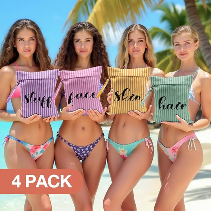 4 Pack Cute Wet Bag Waterproof Reusable Wet Dry Bag for Swimsuit Clothes Diaper Travel Pool Toiletries for Women Birthday Christmas (Stripes Purple Pink Green Yellow Face Stuff Skin Hair Organizer)