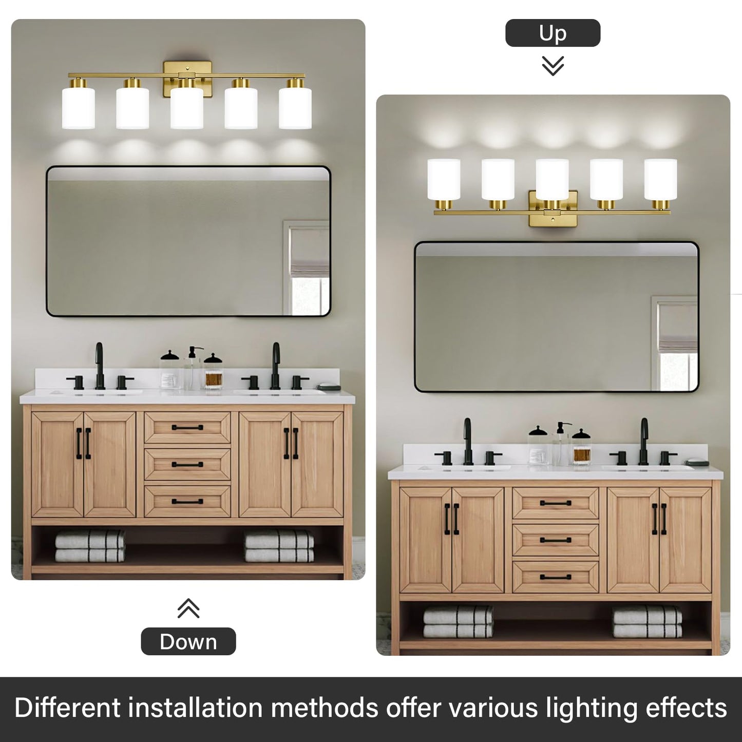 FonmYim 5-Light Bathroom Light Fixture, Brushed Gold Metal Vanity Light with Frosted Glass Shades, Model FY-GB3105-BG5