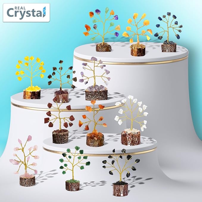 Crystal Tree Set of 12 Unique Birthday Gifts for Women, Sister, Mom, Home Office Decor, Shelf Desk Decoration for Positive Energy, Bring Good Luck, Money, Reiki Healing, Chakra Tree of Life Gift Sets