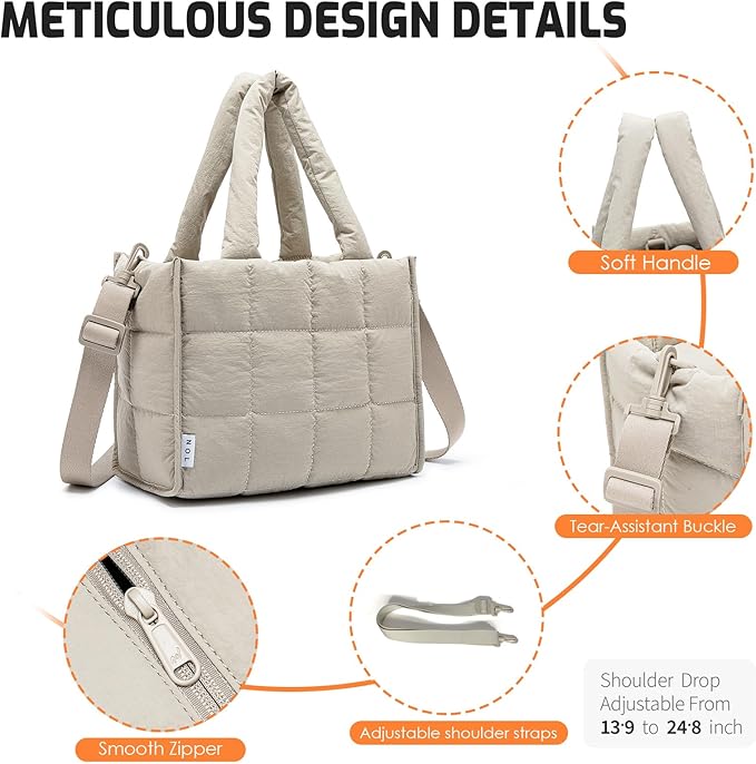 NOL Natural Organic Lifestyle Women's Nylon Lunch Cooler Quilted Tote Bag Puffy Insulated Lunch Bag for Women, Lightweight Waterproof Lunch Box for Work, Picnic, Outdoors,Khaki