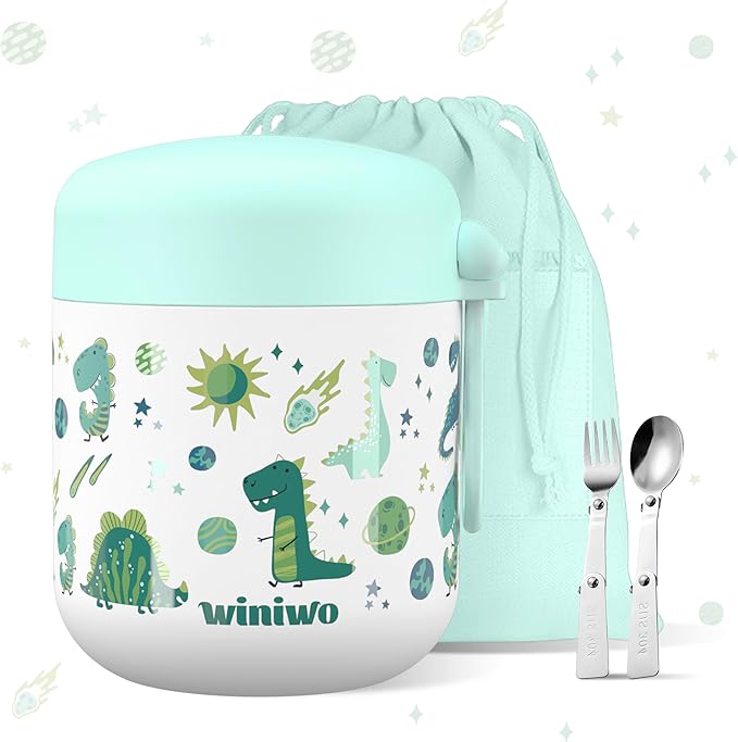 12oz Insulated Food Jar for Kids, Easy Carry, Wide Mouth, Thermos for Hot Food, Soup, Salad, Sandwich, School Lunches (Green-Dinosaur)