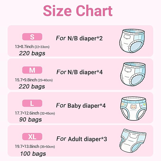 Odor Sealing Baby Diaper Disposable Bags - L/90 Counts Unscented, Large Capcity Diaper Sacks for Home, Travel & On-the-Go Use (Color:White)