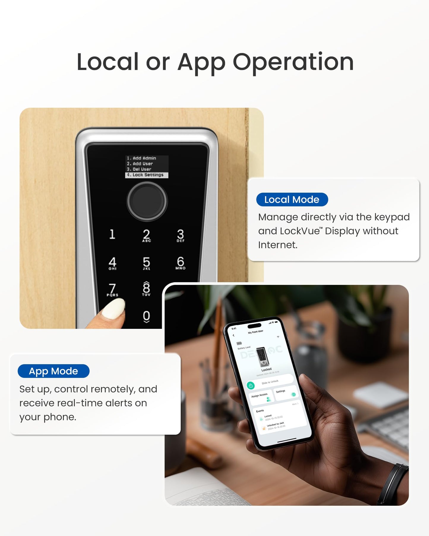 DESLOC Smart Lock D110 Plus, Fingerprint Keyless Entry Door Lock, Built-in Wi-Fi, App Remote Control, Smart Locks for Front Door, Keypad Deadbolt with LockVue Display, IP54, BHMA Grade3, Silver