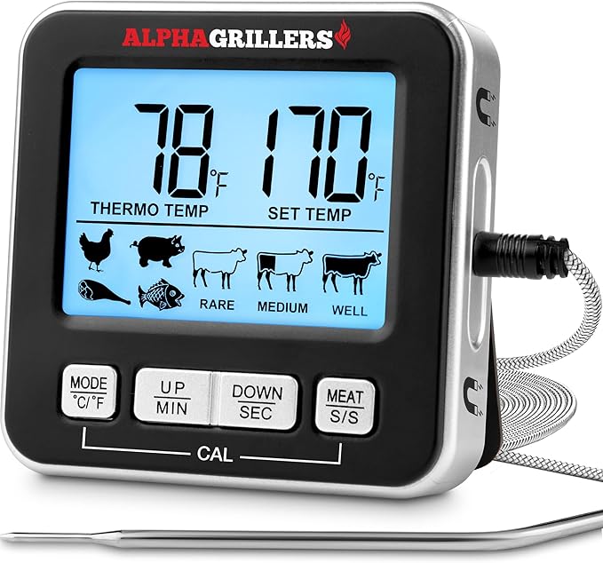 Alpha Grillers Oven Thermometer Probe - Turkey Thermometer Oven Safe Leave in Digital Meat Temperature Probe for Fryer - 7 Preset Temperature Alerts, Timer, & Alarm