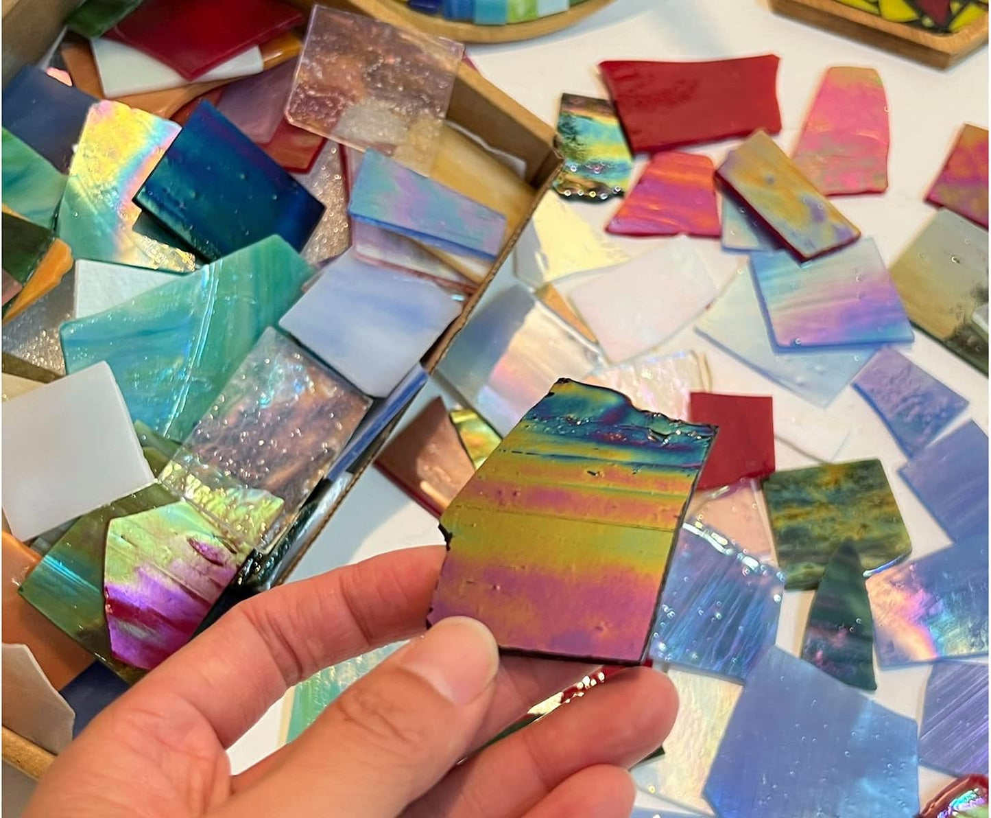 Lanyani Iridescent Stained Glass Pieces for Crafts and Decoration,Variety Irregular Broken Stained Glass Mosaic Tile Scraps,1Kg/35oz Pack