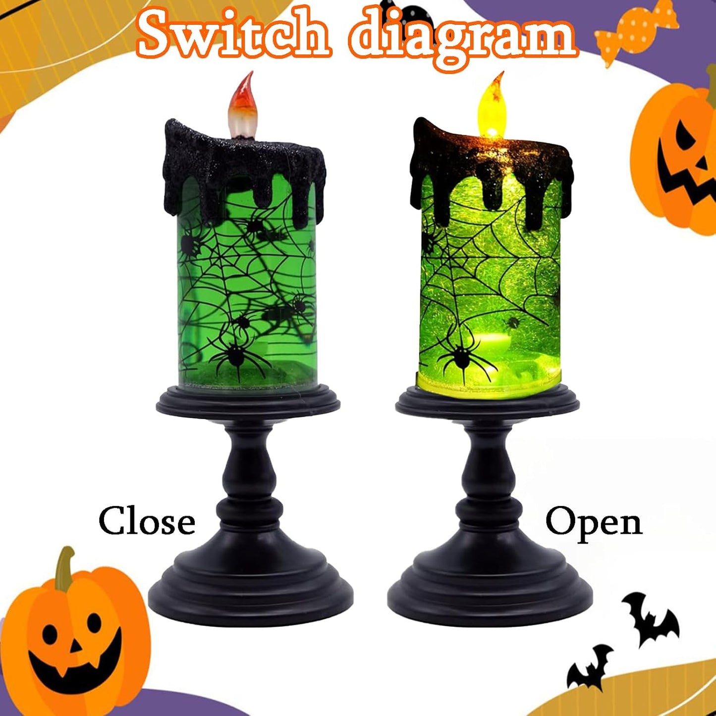1.Halloween Snow Globe Tornado Flameless Candles Table Centerpiece for Celebration Party,Battery Operated LED Candle with 6 Hours Timer for Home Indoor Halloween Decoration (Spider)