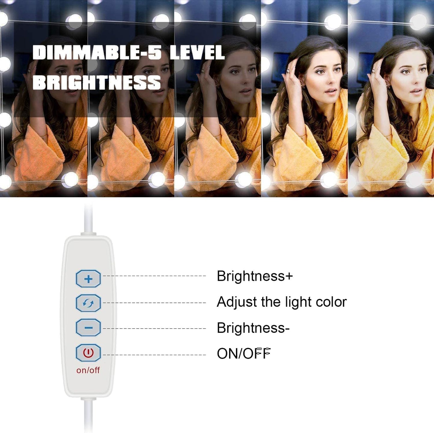 Pretmess Hollywood Style Vanity Lights - 10 Dimmable Bulbs, Adjustable Brightness, Usb Powered, Multicolor, Led, Plastic