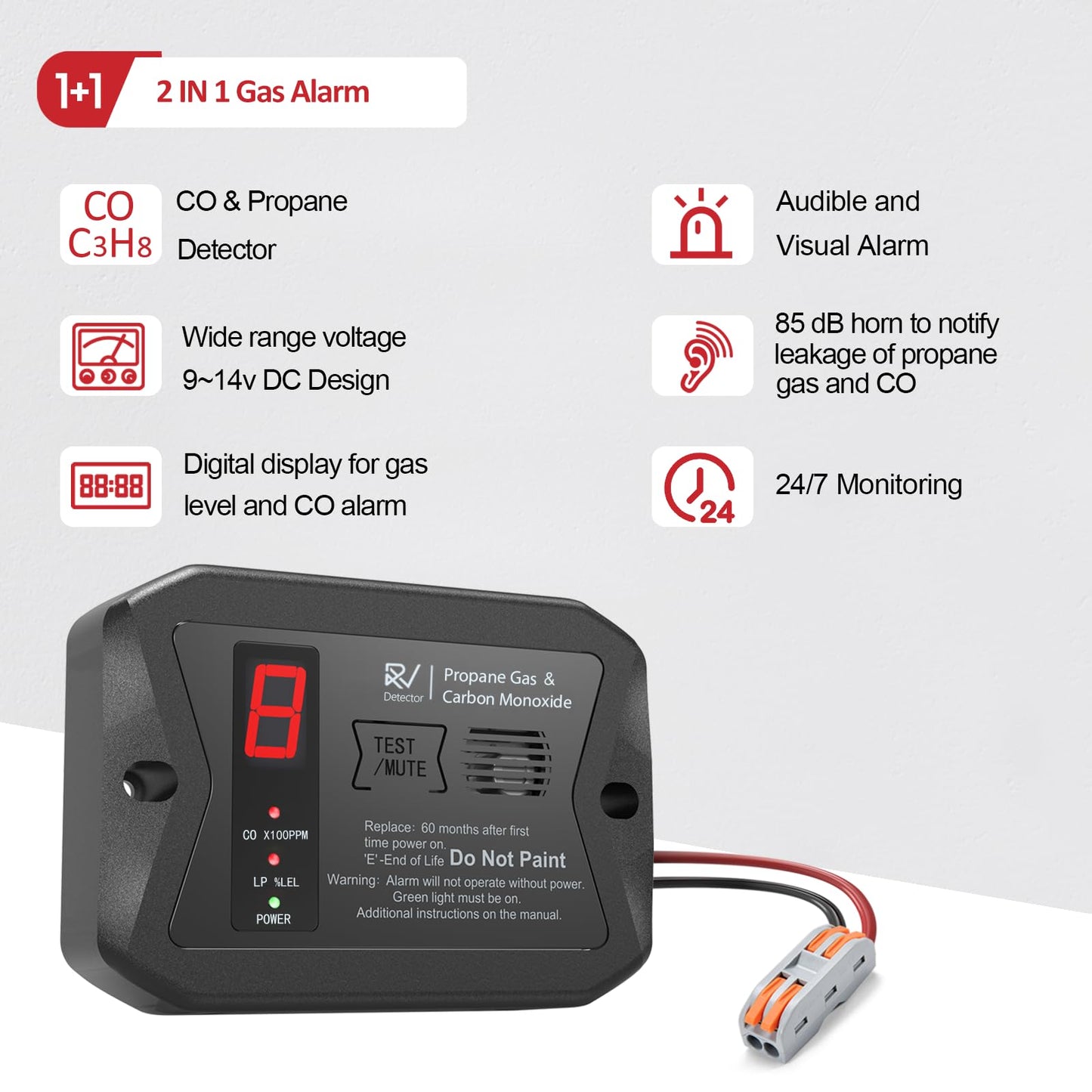RV Dual LP/CO Alarm, RV Carbon Monoxide & Propane Detector, Hardwired-12V DC with 3 Different Brackets for Motorhome Travel Trailer, Motor Coach, Truck Camper (R502 Black)
