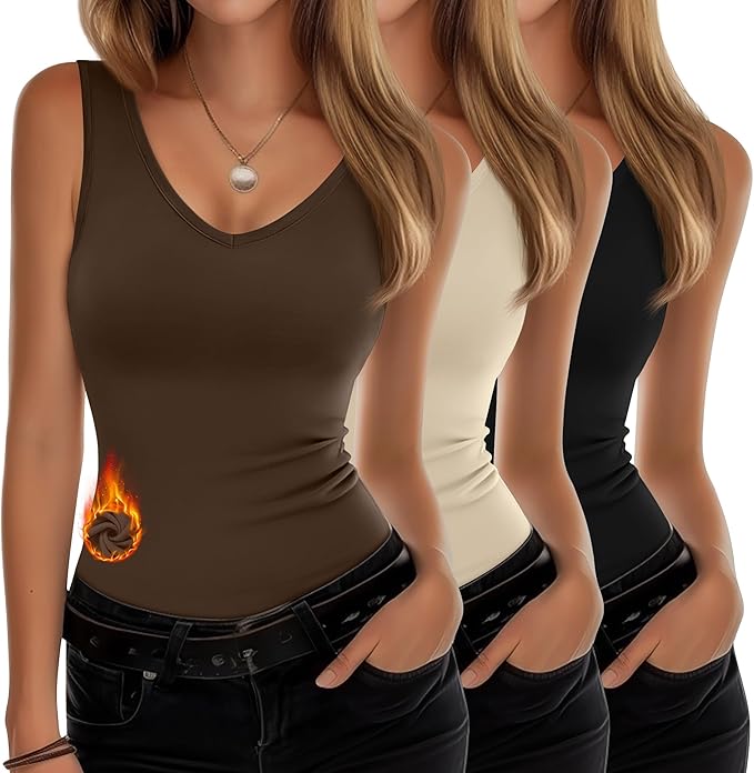 Sweetyweee 3 Pcs Women's Thermal Tank Tops V Neck Underwear Fleece Lined Sleeveless Undershirts Warm Camisole Base Layer Vest