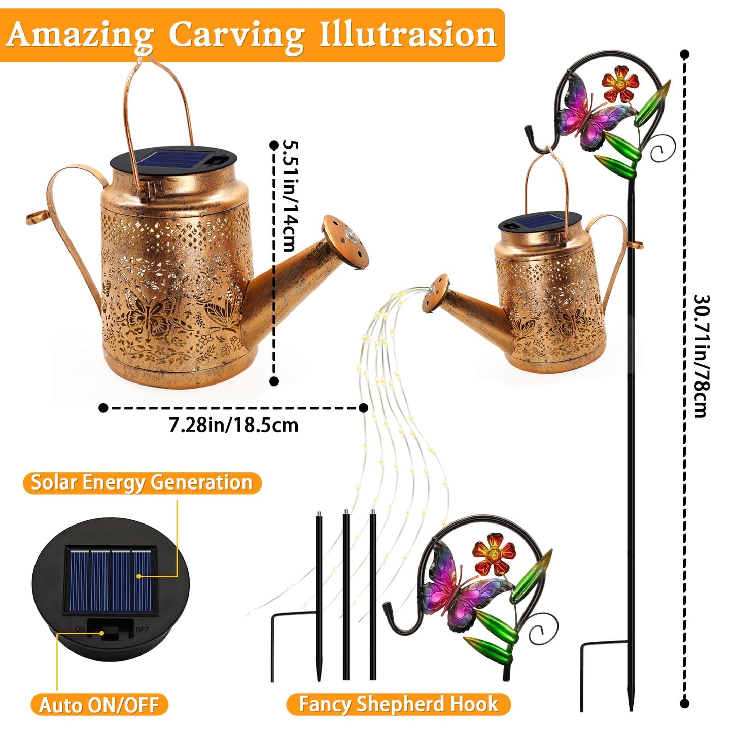 2 Pack Solar Powered Butterfly Watering Can Lights Waterproof Outdoor Decor With Shepherd Hook Hanging Patio Lights For Yard  Garden  Backyard Perfect Gardening Birthday Gift For Women  Mom  Grandma