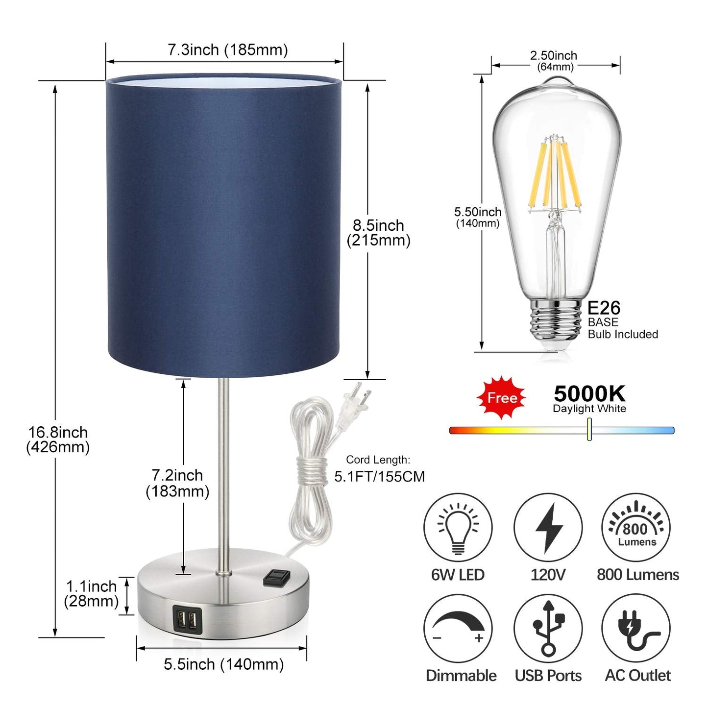 ShineTech Touch Control Bedside Table Lamp Set of 2, 3-Way Dimmable, 2 USB Ports, AC Outlets, Blue, Model JYT-01471-TL