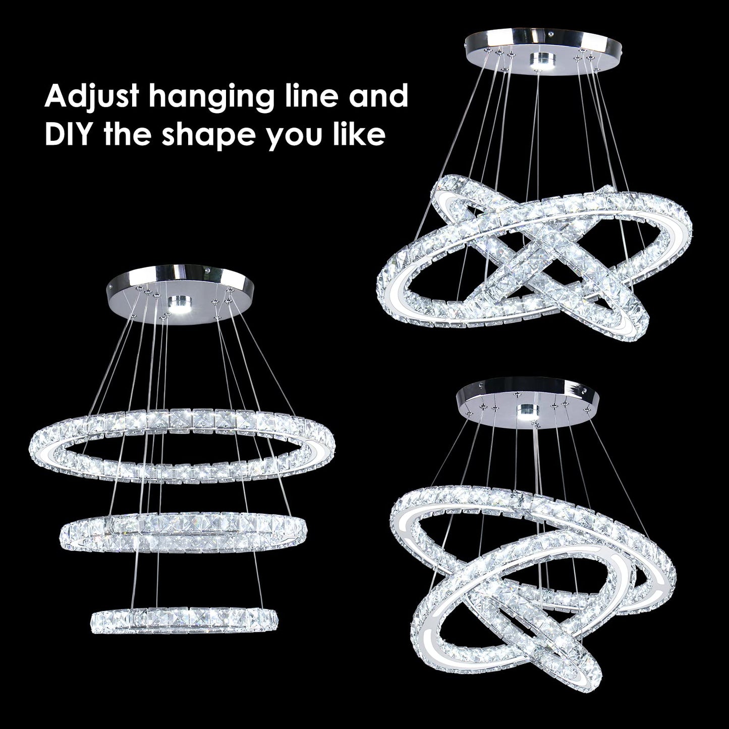 Cxgleaming Led Chandeliers Modern Ceiling Light Fixture 3 Rings Adjustable Crystal Pendant Light Fixture Ceiling Hanging For Living Room Dining Room Bedrooms Hall 250Mm Base 209 Crystals (Cool White)