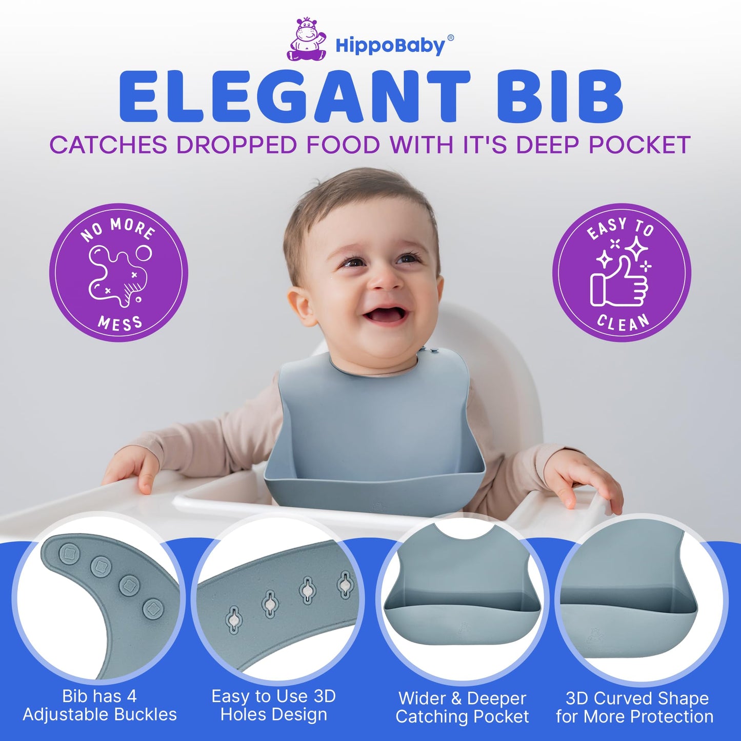HippoBaby Baby Led Weaning Supplies | 10 Piece Silicone Baby Feeding Set | Baby Toddler Bib Cup Divided Plate and Bowl Self Feeding Spoons Dish Set | Baby Utensils | Toddler Feeding Supplies (Sky)