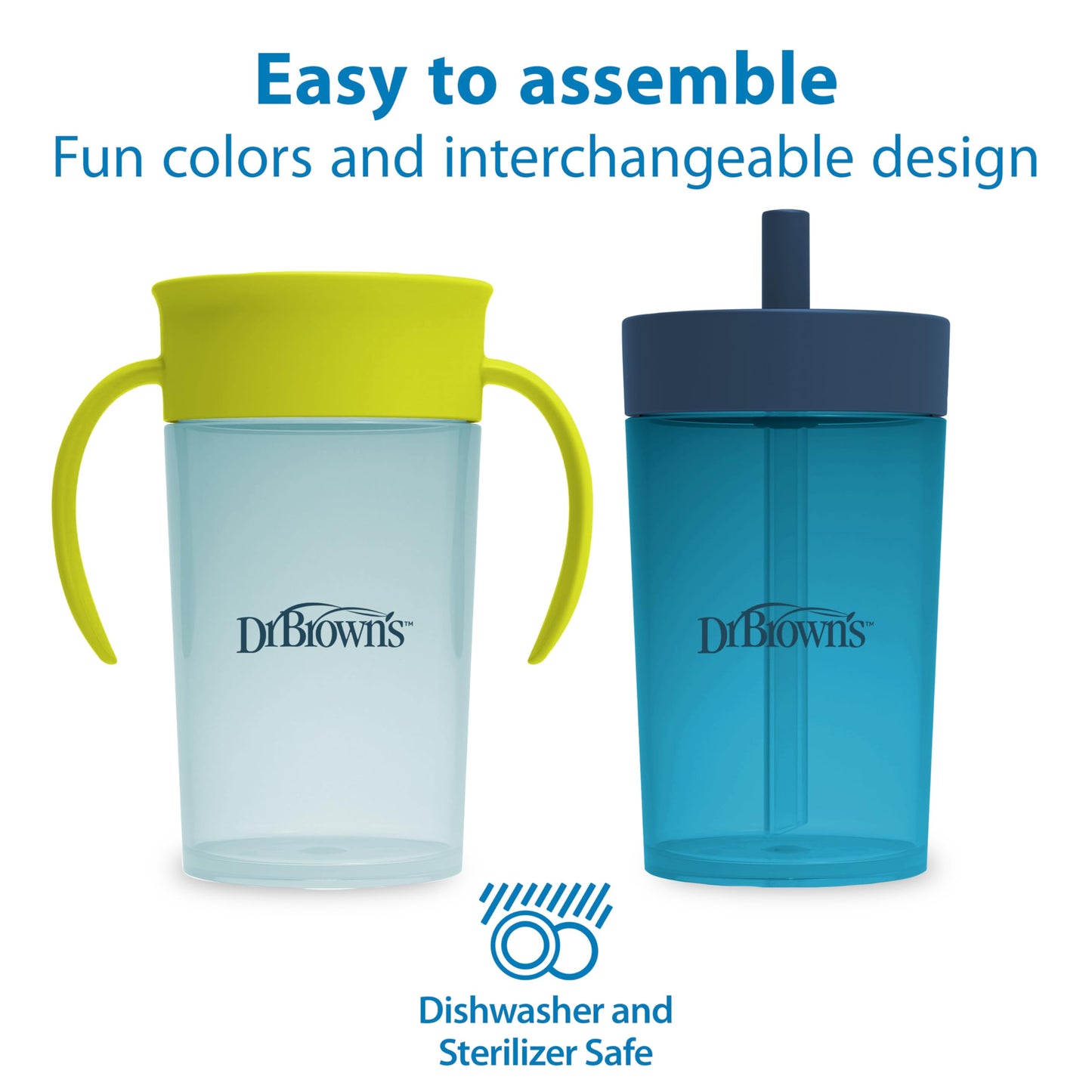 Dr. Brown's Milestones Straw to 360° Cup Set, Convertible Toddler Training Cup Set with Interchangeable Silicone Straw and 360 Degree Cup Lids, Blue Green, 10 oz/300 mL, BPA Free, 9m+, 2 Pack