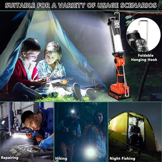 Cordless LED Work Light for Black & Decker 20V Li-ion Battery, 35W 2000LM Outdoor Flashlight Portable Camping Lanterns for Car Repairing, Job Site Lighting, Emergency