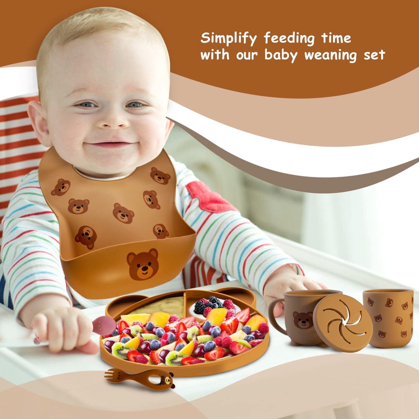 Neverland Creations Silicone Baby Feeding Set - 7 Piece - Baby Led Weaning Supplies - Suction Bowl, Divided Plate, Adjustable Bib, Snackcup, Cup, Eating Utensils and Baby Dishes for 6+ Months