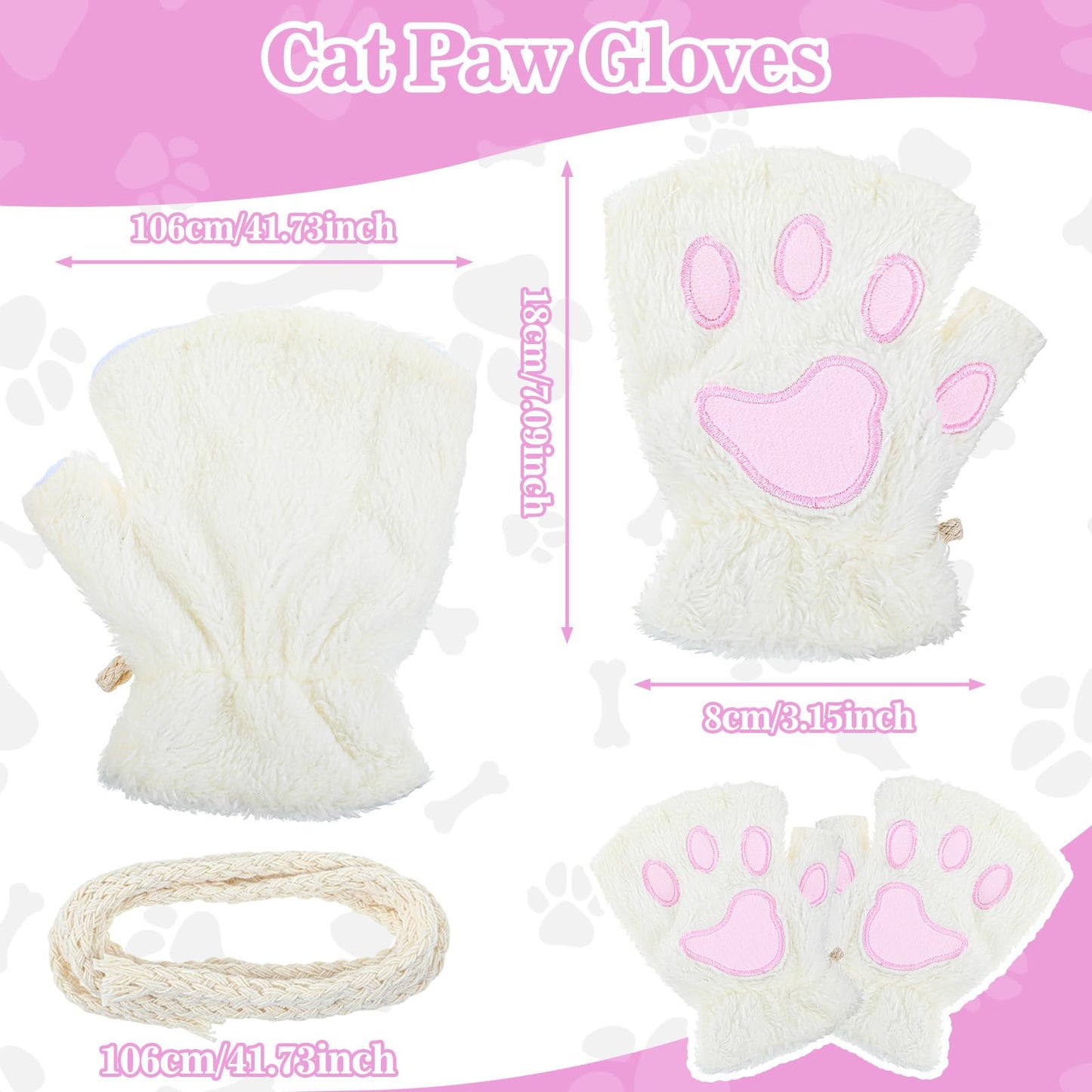 Cat Paw Fingerless Gloves, Furry Paws Gloves Faux Fur Plush Furry Cat Claw Glove Cute Cosplay Costume Accessories for Women (White)