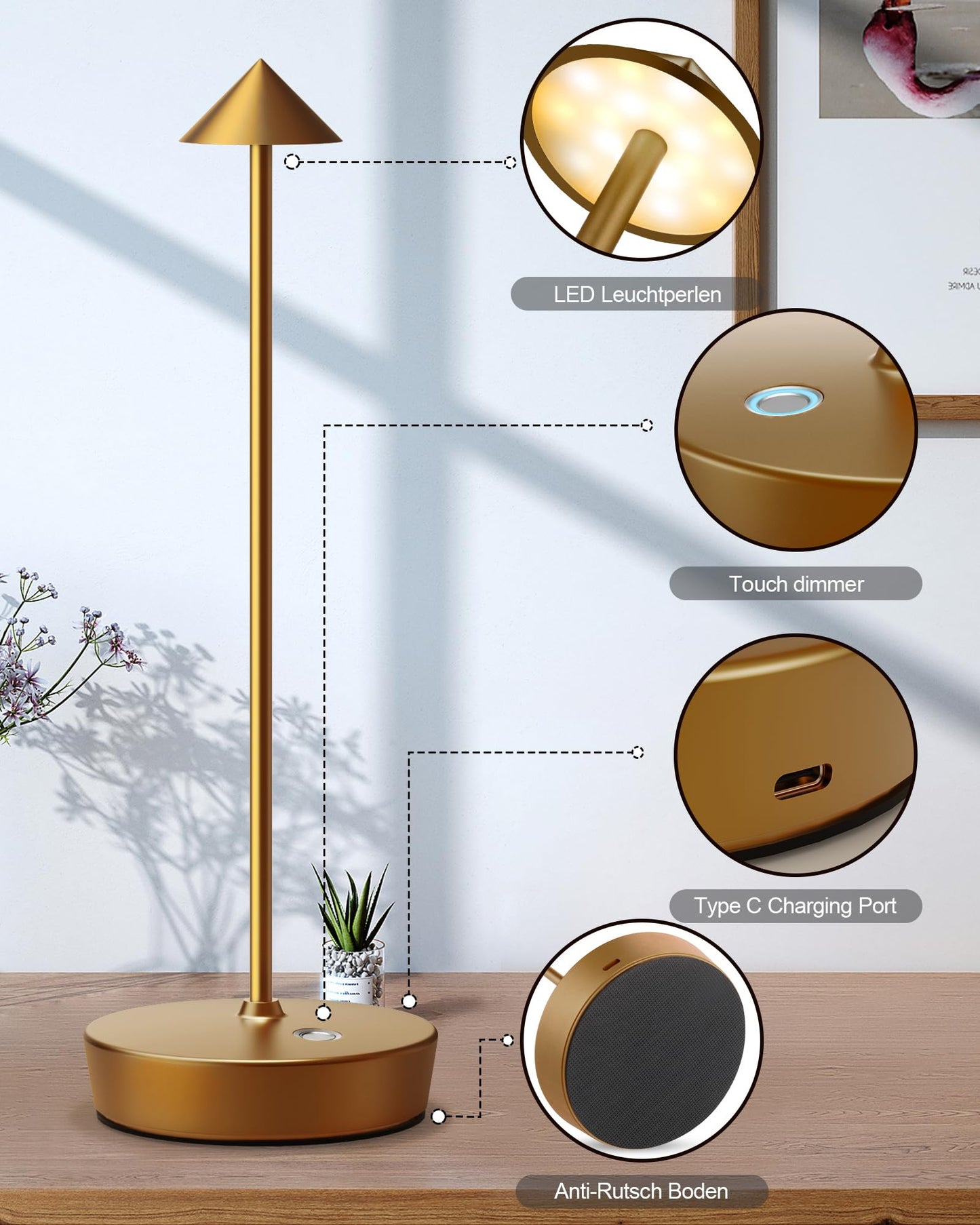 Shangcai Cordless Table Lamps Rechargeable  6000Mah Battery Operated Led Desk Lamp Outdoor Waterproof Portable Touch Dimmable Table Night Light For Patio Restaurant Dining Home Set Of 2 Bronze