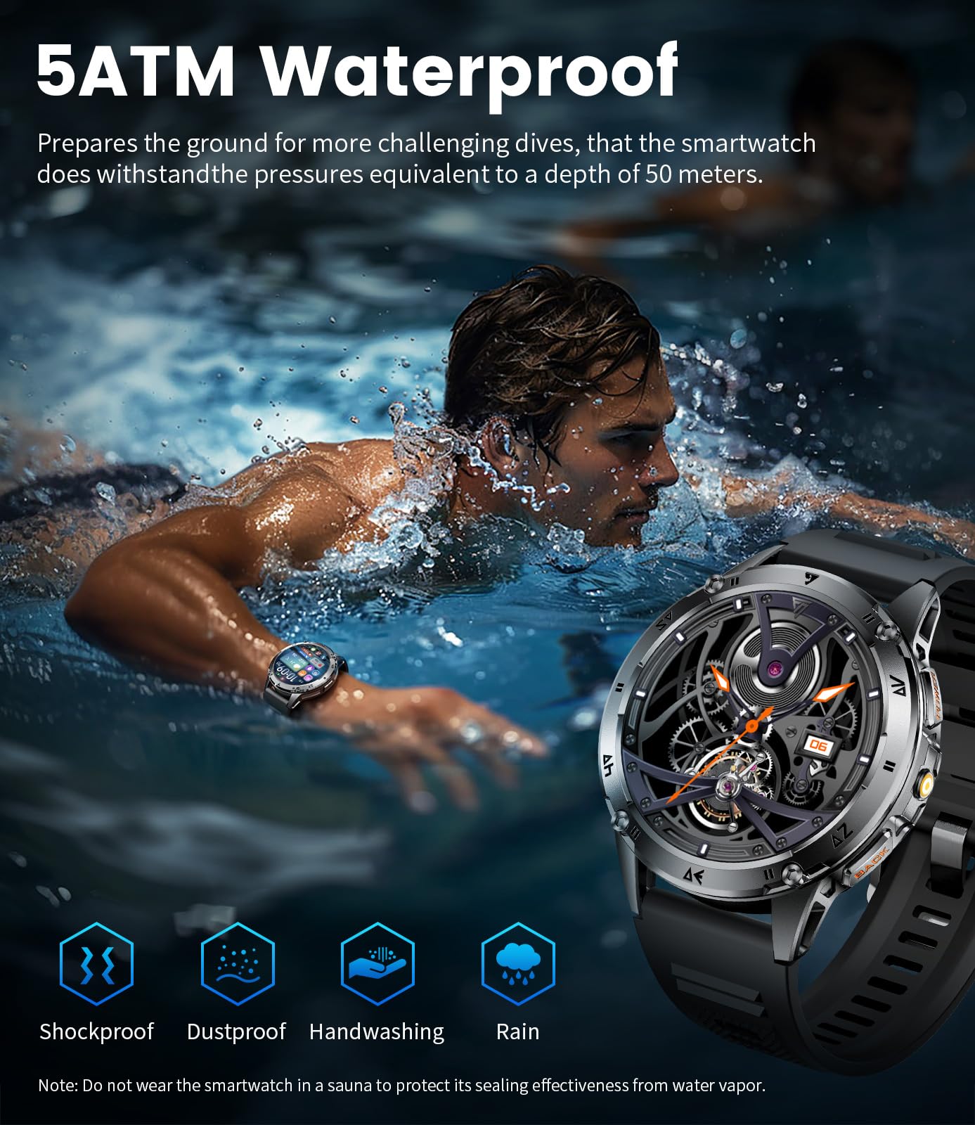 Military Smart Watches for Men ,530mAh Large Battery,1.43"AMOLED Heart Rate/SpO2/Sleep Monitor 5ATM Waterproof Smartwatch for Android iOS (Answer/Make Calls),Fitness Tracker with LED Flashlight