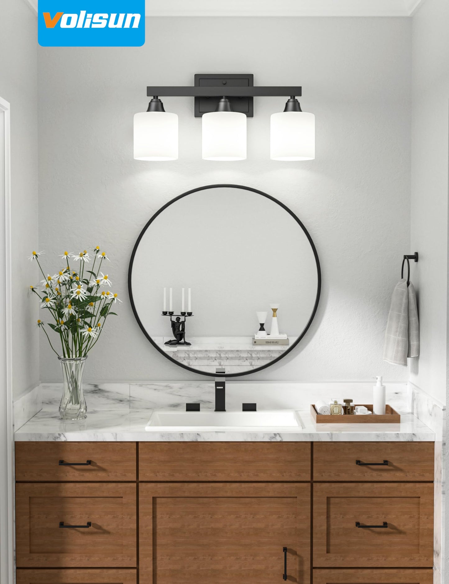 VOLISUN Matte Black Bathroom Light Fixtures, 3-Light Bathroom Vanity Lights Over Mirror, Modern Vanity Light for Bathrooms, Bathrooms Lights Fixtures Over Mirror with Milky White Frosted Glass Shades