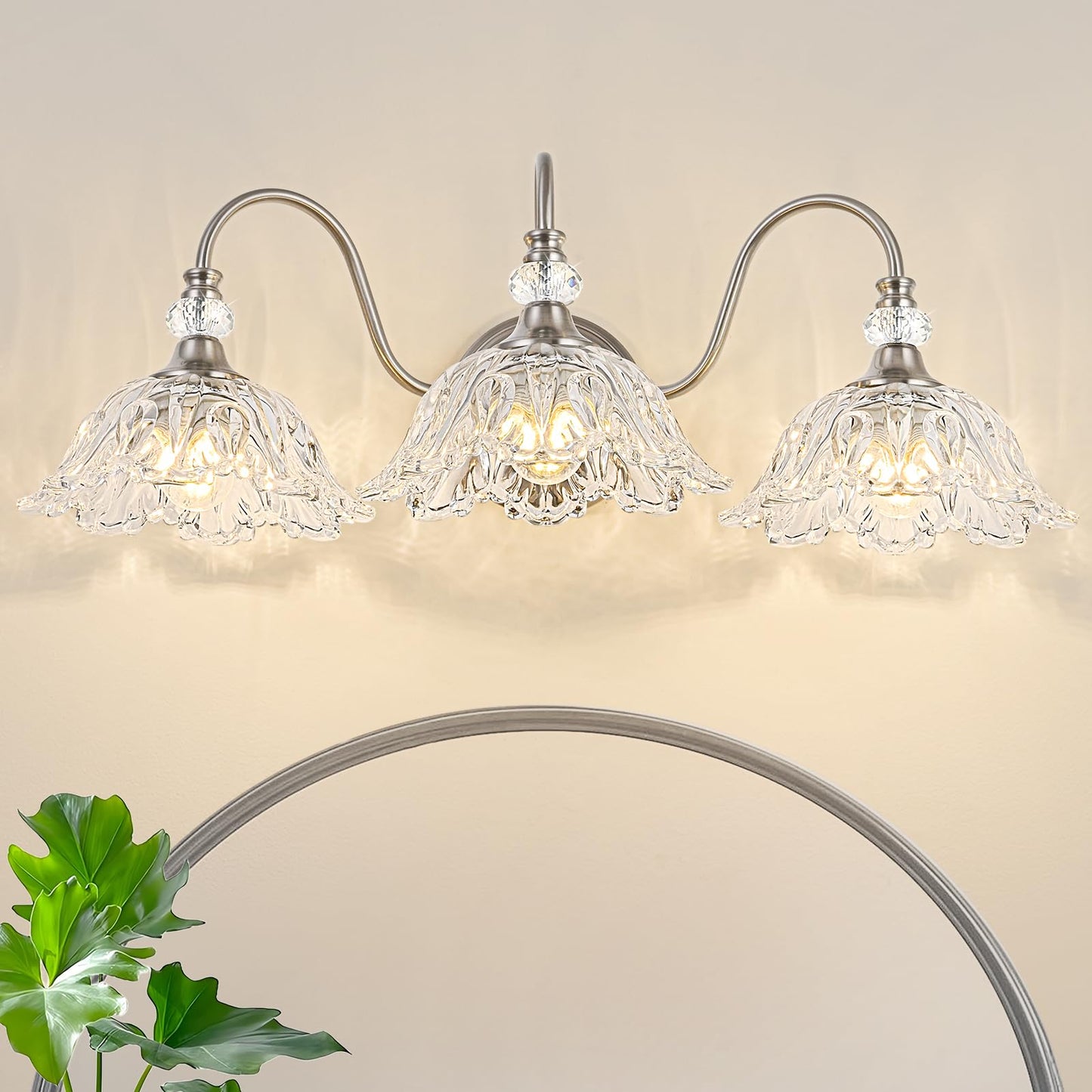 Brushed Nickel 3-Light Bathroom Vanity Light With Floral Clear Glass Shades  Brushed Nickel Wall Mount Lighting For Bathroom  Dressing Table