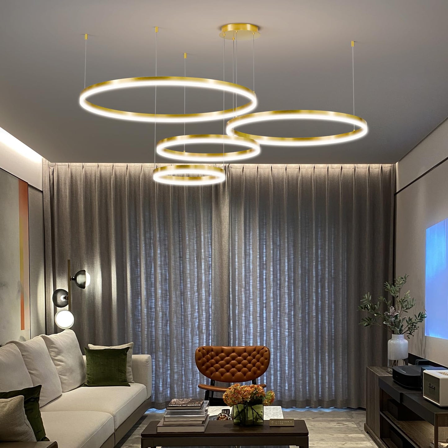Matven Modern Dimmable Chandelier Light, Remote Control, 3 Color Modes, 39.3in, Gold, Acrylic, Model KD-YX