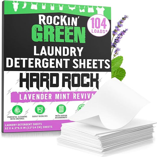 Rockin' Green Hard Rock Travel Laundry Detergent Sheets for Hard Water - Mess-Free Laundry Sheet Detergent with Sodium Bicarbonate - Easily Dissolvable Laundry Soap Sheets (104 Loads, Lavender Mint)