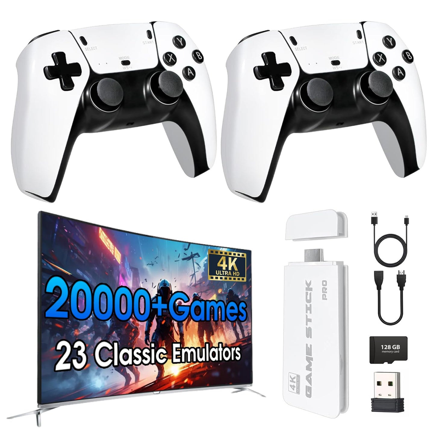 TEFELE 2025New Wireless Retro Game Console 23 Simulators and Over 20,000 Games 2.4G with Dual 2.4G Wireless Controllers(128G) Plug and Play 4K HD HDMI TV Game Stick