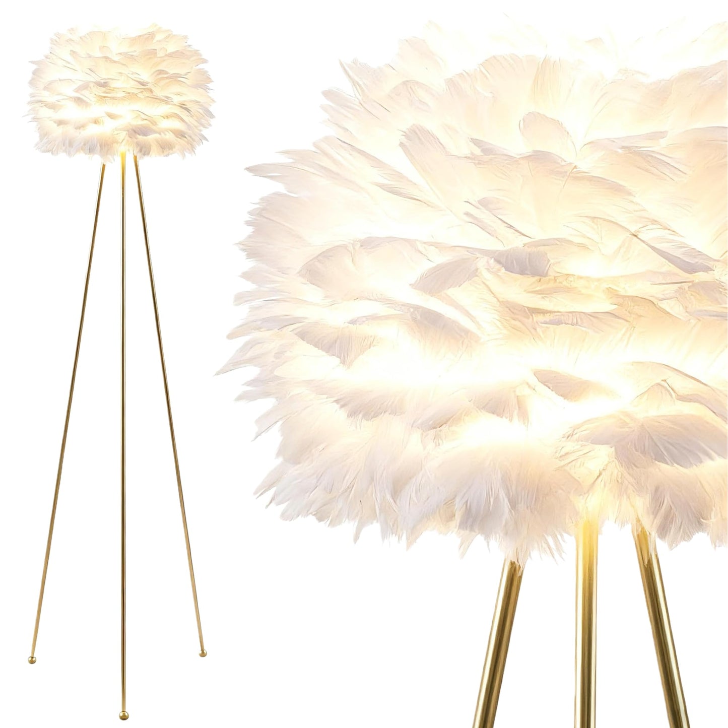 Maxax 60 Tripod Floor Lamp - Modern Gold With White Feather Shade, F21 Model For Bedroom, Dining Room, Living Room, Kitchen