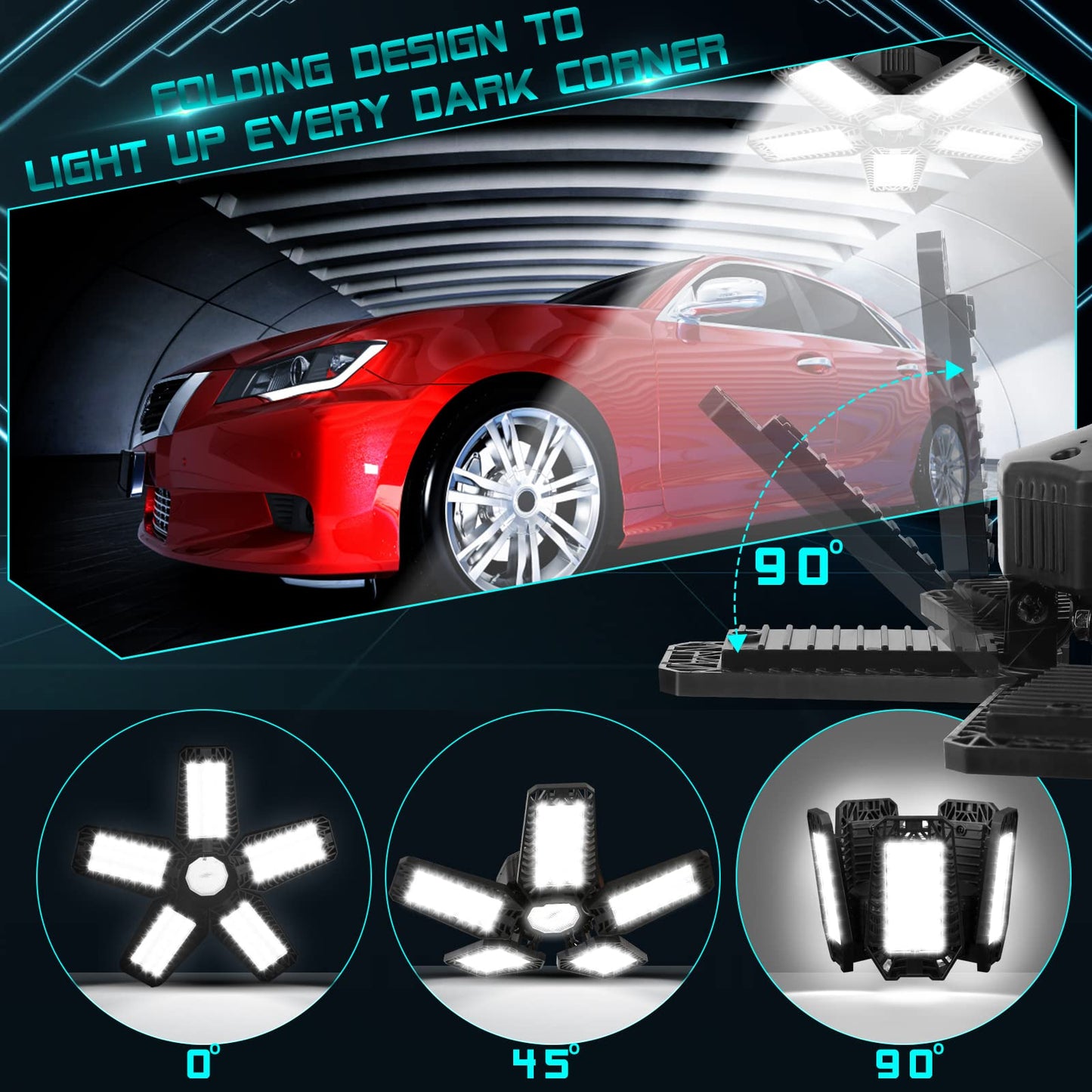 YIBEYYDS LED Garage Light 160W 16000LM 6500K Black Ceiling Lights with 5+1 Deformable Panels, Model A1, E26/E27