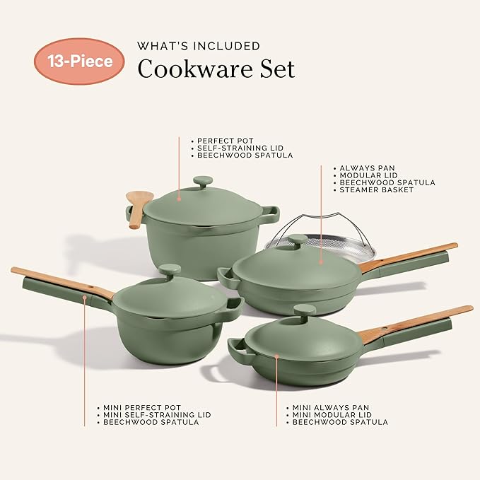 Our Place Cookware Set - Complete 13-Piece Set Including Always Pan 2.0, Mini Always Pan, Perfect Pot, and Mini Perfect Pot | Multifunctional, Toxin-Free Nonstick | Replaces 36 Pieces | Sage