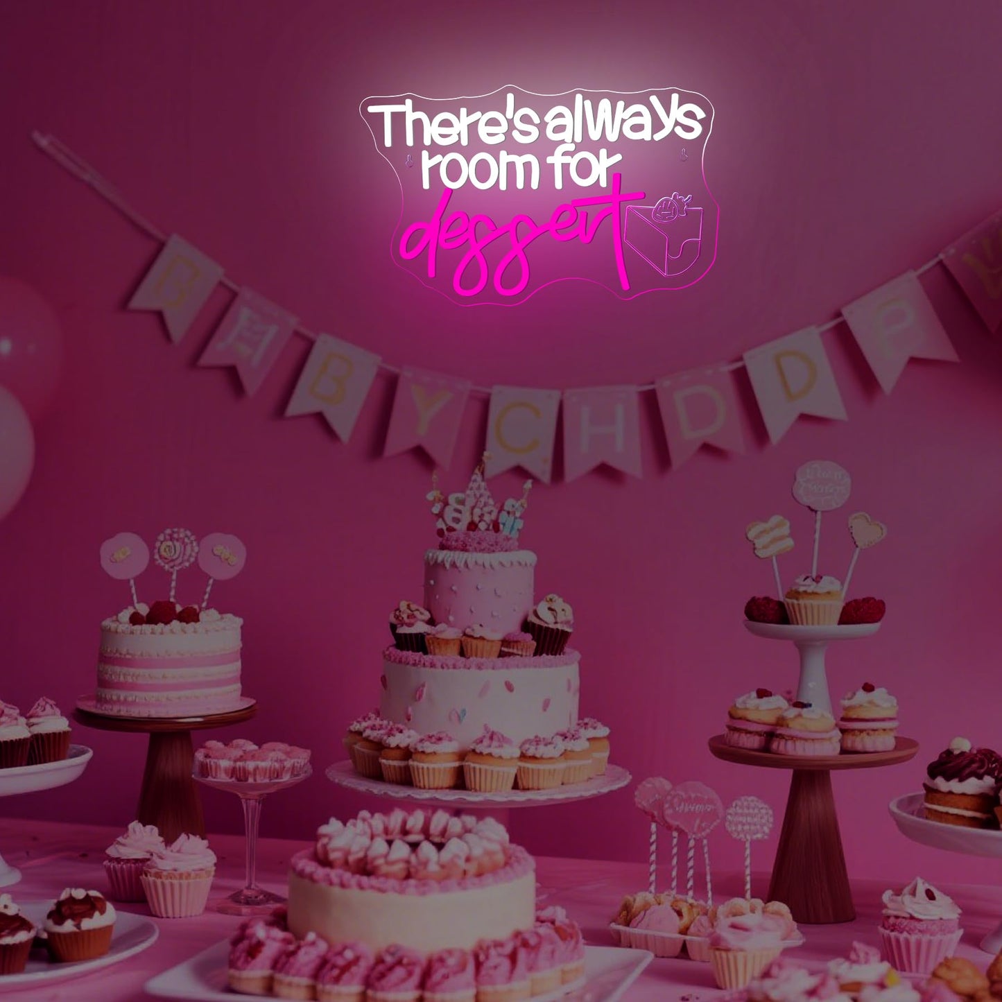 Nosun ThereS Always Room For Dessert Neon Sign Led Bar White Text Treat Yourself For Snack Candy Dessert Flower Bar Bedroom Wall Decor Wedding Birthday Party Home Room Gift