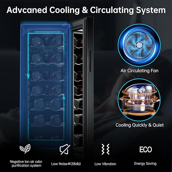 KingChii 18 Bottle Wine Cooler Refrigerator Freestanding Wine Fridge - Intelligent Digital Control, Low Noise Professional Compressor, Stainless Steel & Tempered Glass for Home, Office, or Kitchen